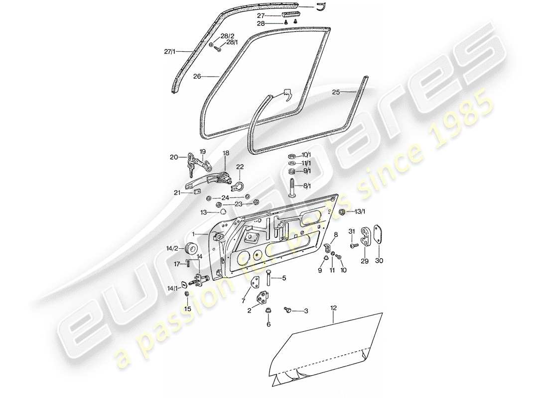 porsche 911 (1977) door - with installation parts part diagram