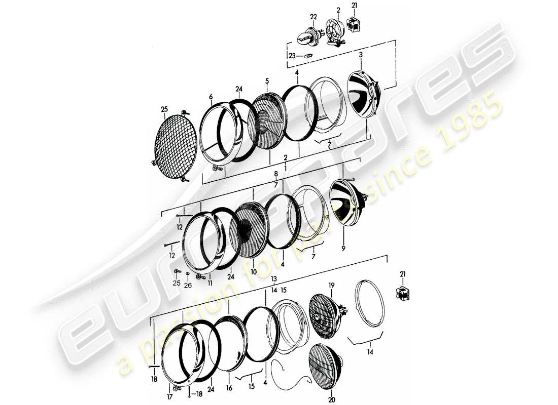 porsche 356b/356c (1965) headlamp part diagram