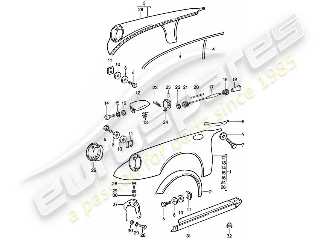 porsche 911 (1986) exterior panelling part diagram