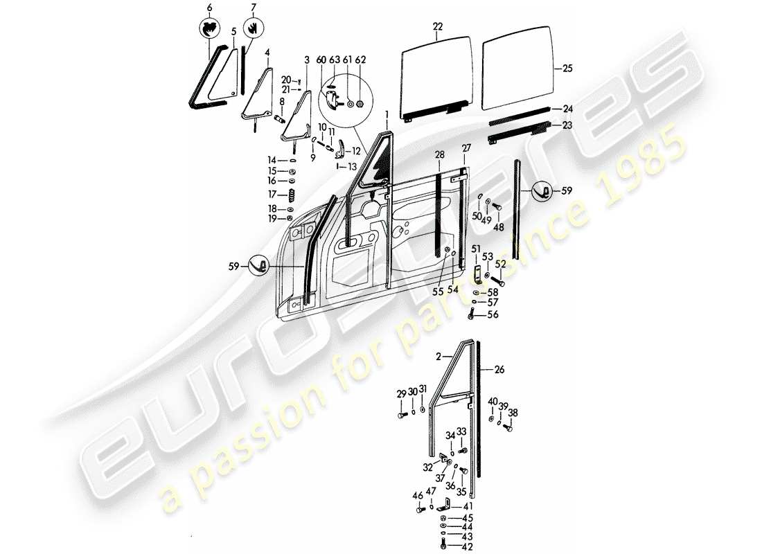 porsche 356b/356c (1962) window frame - side window - door window - glass channel - door window part diagram