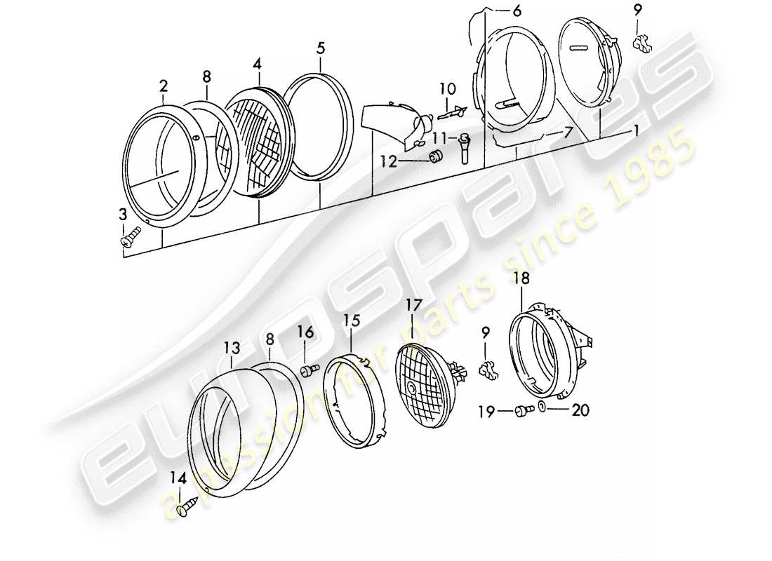 porsche 911 (1970) headlamp part diagram