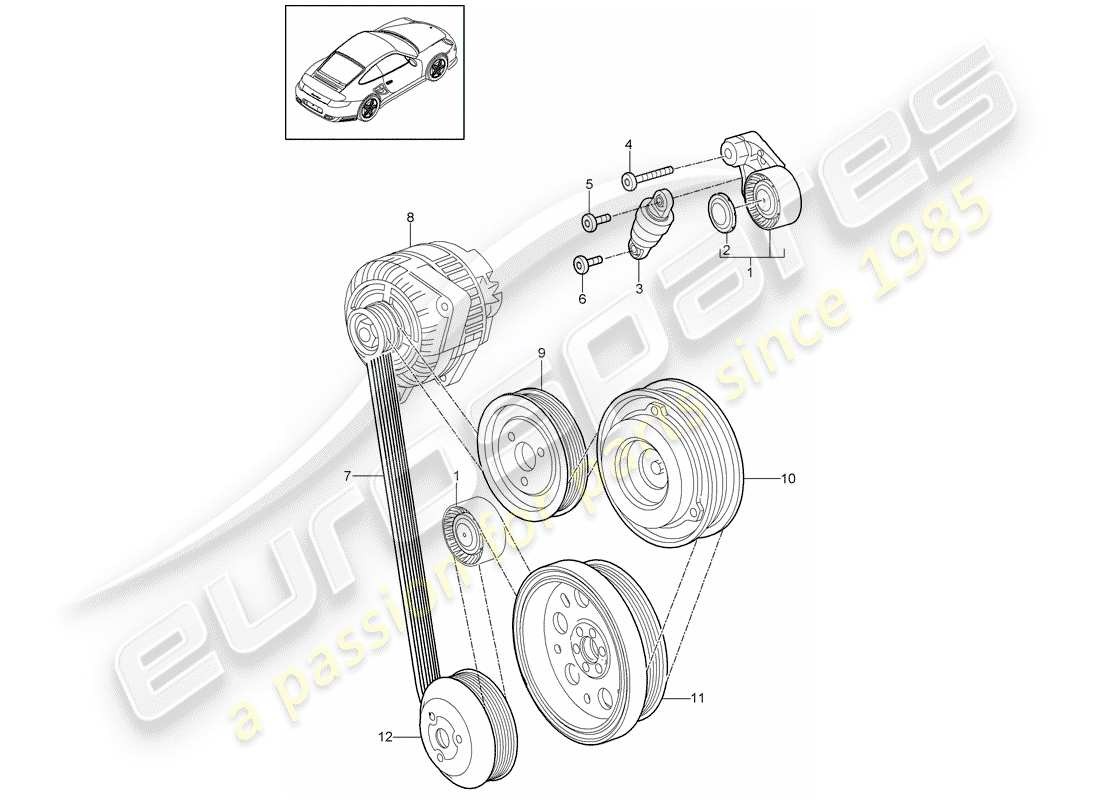 porsche 911 t/gt2rs (2011) belt tensioner part diagram