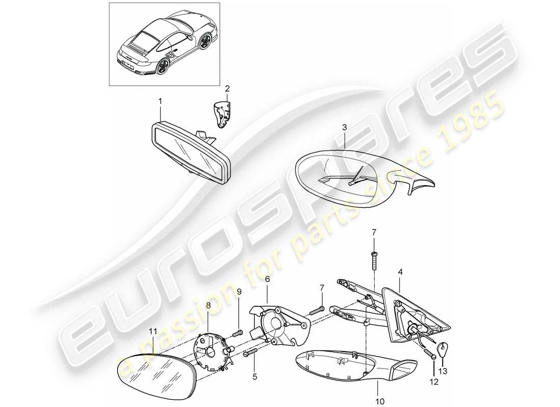 porsche 911 t/gt2rs (2011) rear view mirror inner part diagram