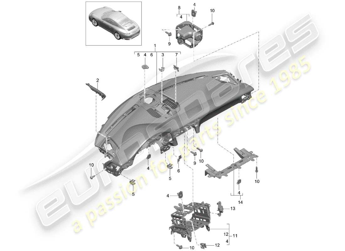 porsche 991 gen. 2 (2018) dash panel trim part diagram