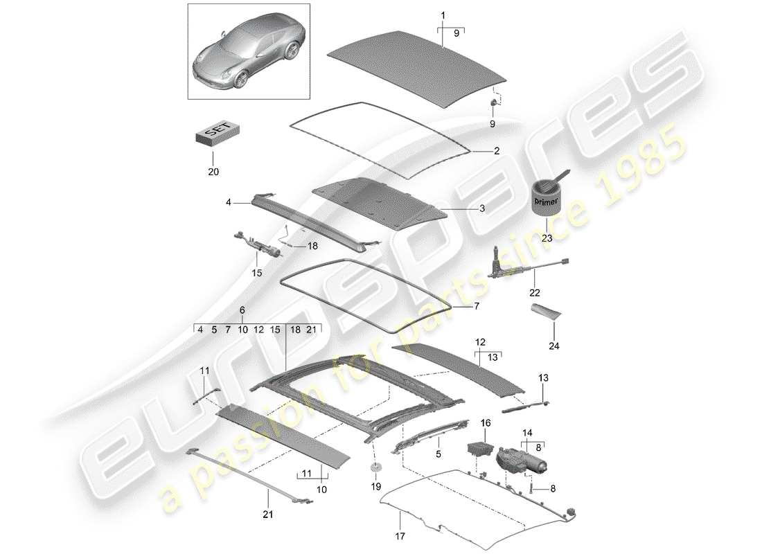 porsche 991 (2016) sunroof part diagram