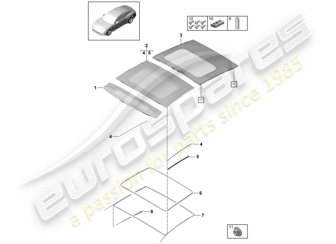 porsche panamera 971 (2017) glass sliding roof part diagram