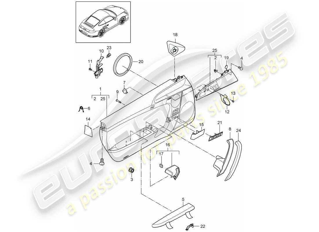 porsche 911 t/gt2rs (2011) door panel part diagram