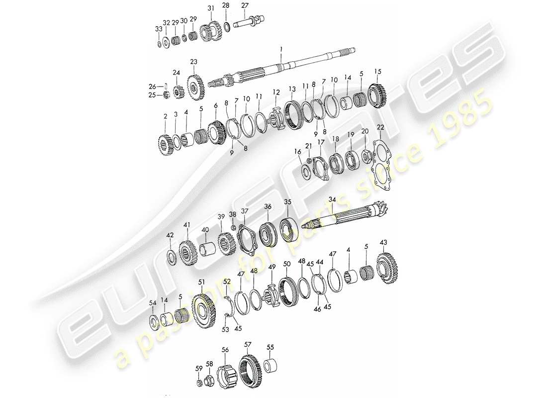 porsche 911 (1973) gears and shafts - 4-speed - transmission - d - mj 1972>> part diagram