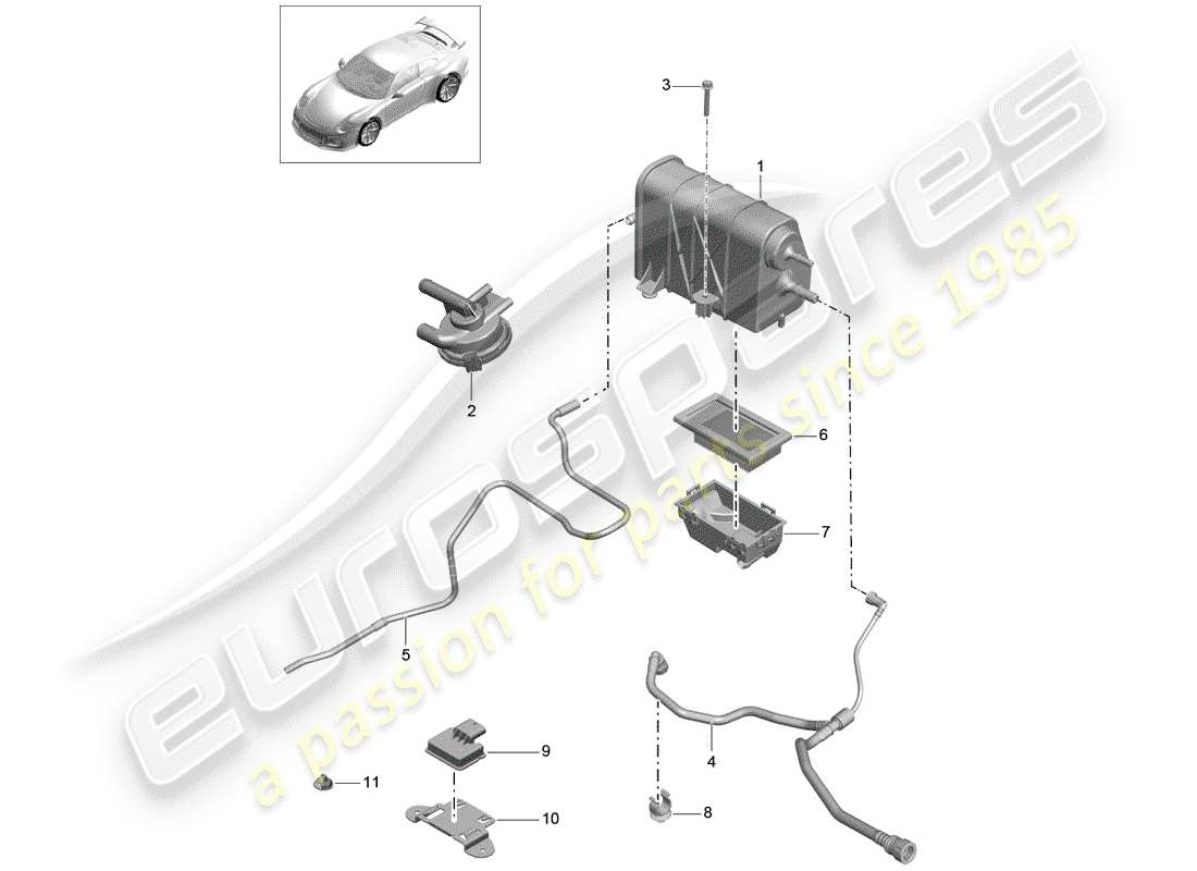 porsche 991r/gt3/rs (2014) evaporative emission canister part diagram