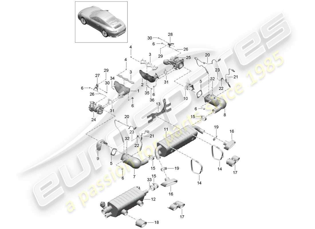 porsche 991 gen. 2 (2018) exhaust system part diagram