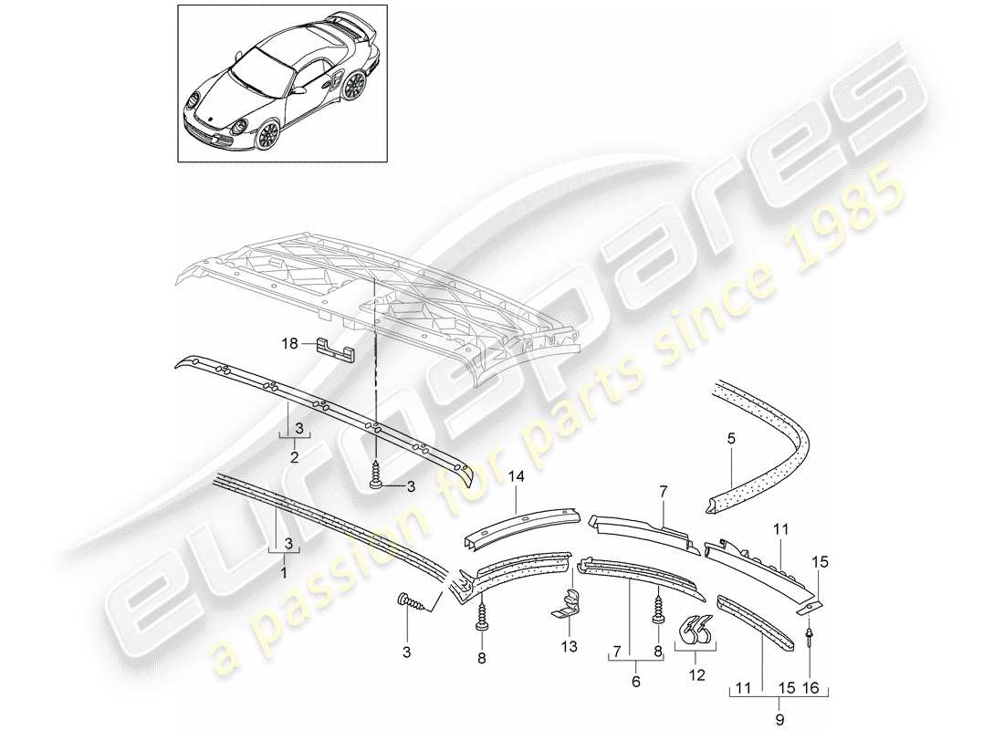 porsche 911 t/gt2rs (2011) convertible top part diagram