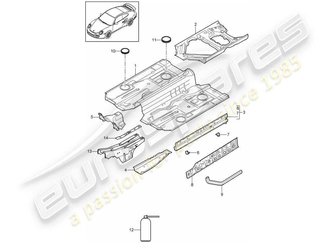 porsche 911 t/gt2rs (2011) floor part diagram