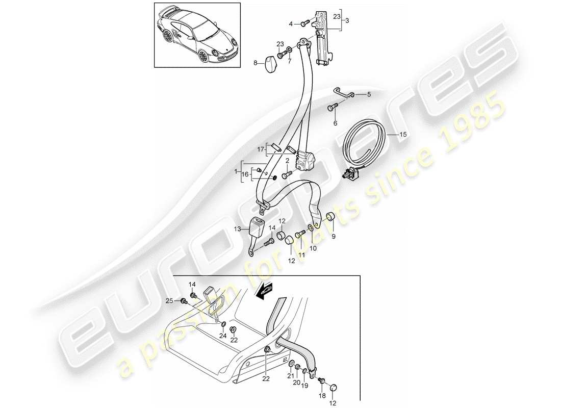 porsche 911 t/gt2rs (2011) seat belt part diagram