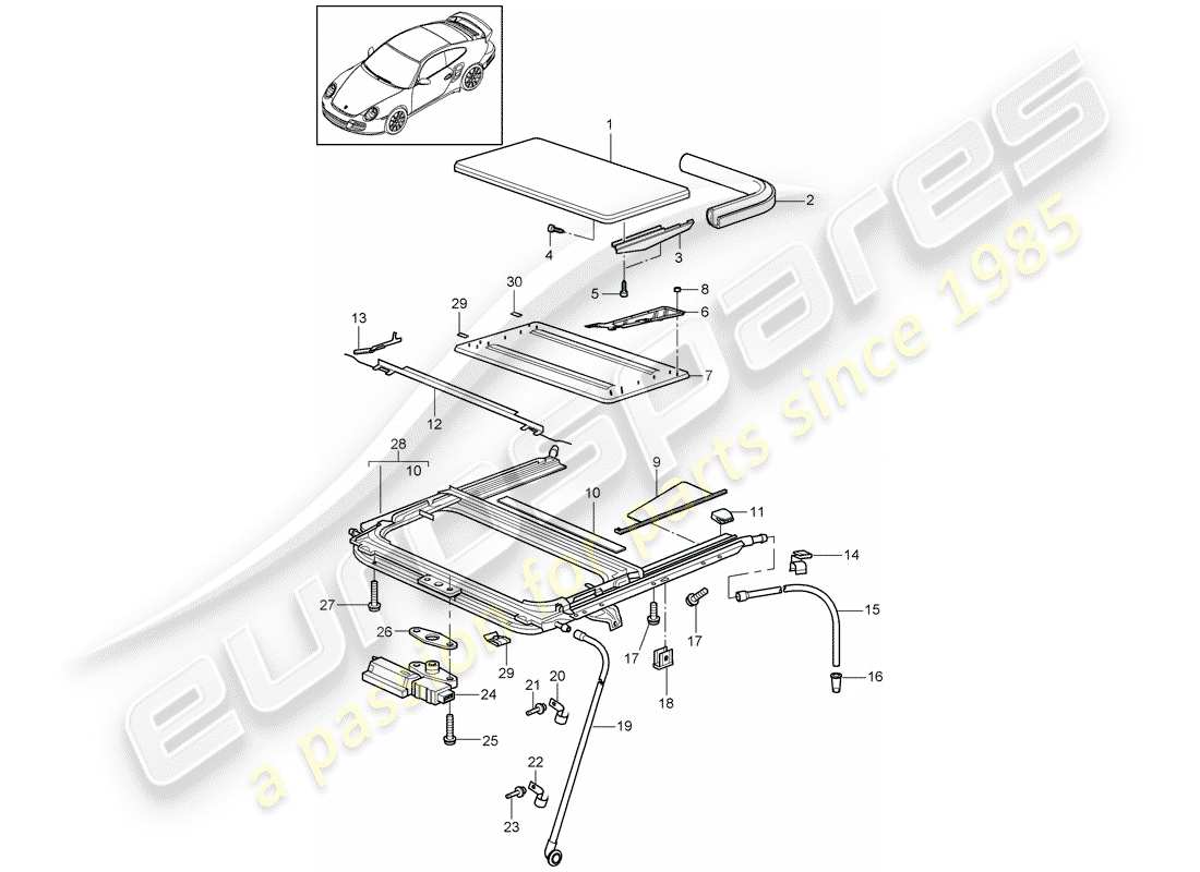 porsche 911 t/gt2rs (2012) sunroof part diagram