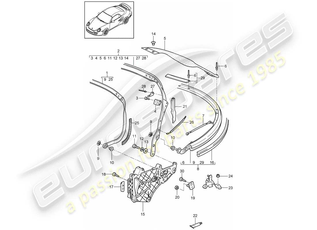 porsche 911 t/gt2rs (2012) top frame part diagram