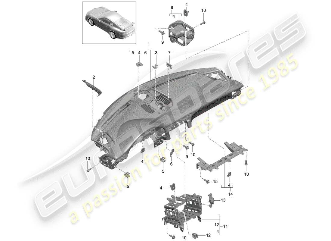 porsche 991r/gt3/rs (2015) dash panel trim part diagram