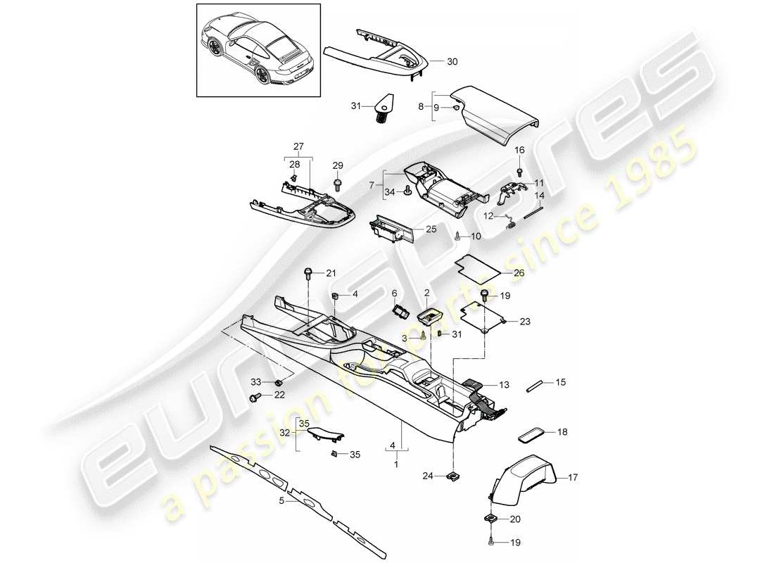 porsche 911 t/gt2rs (2012) center console part diagram