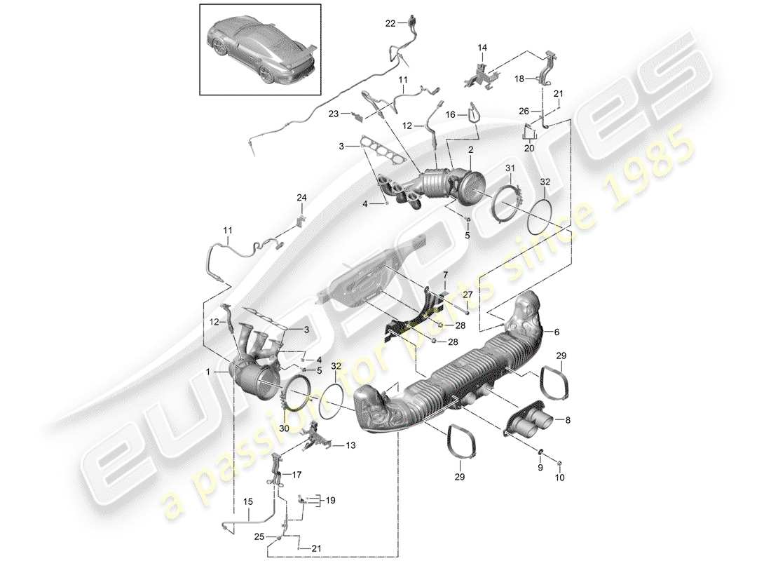 porsche 991r/gt3/rs (2019) exhaust system part diagram