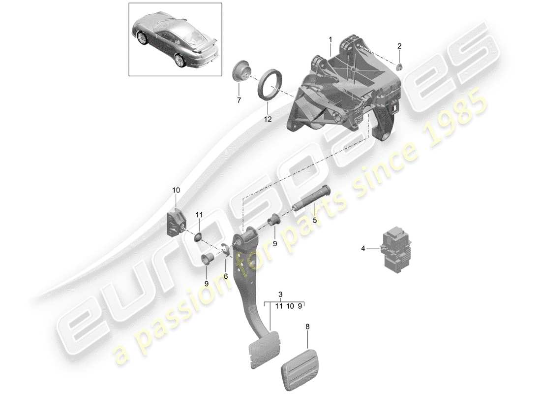 porsche 991r/gt3/rs (2019) brake and acc. pedal assembly part diagram