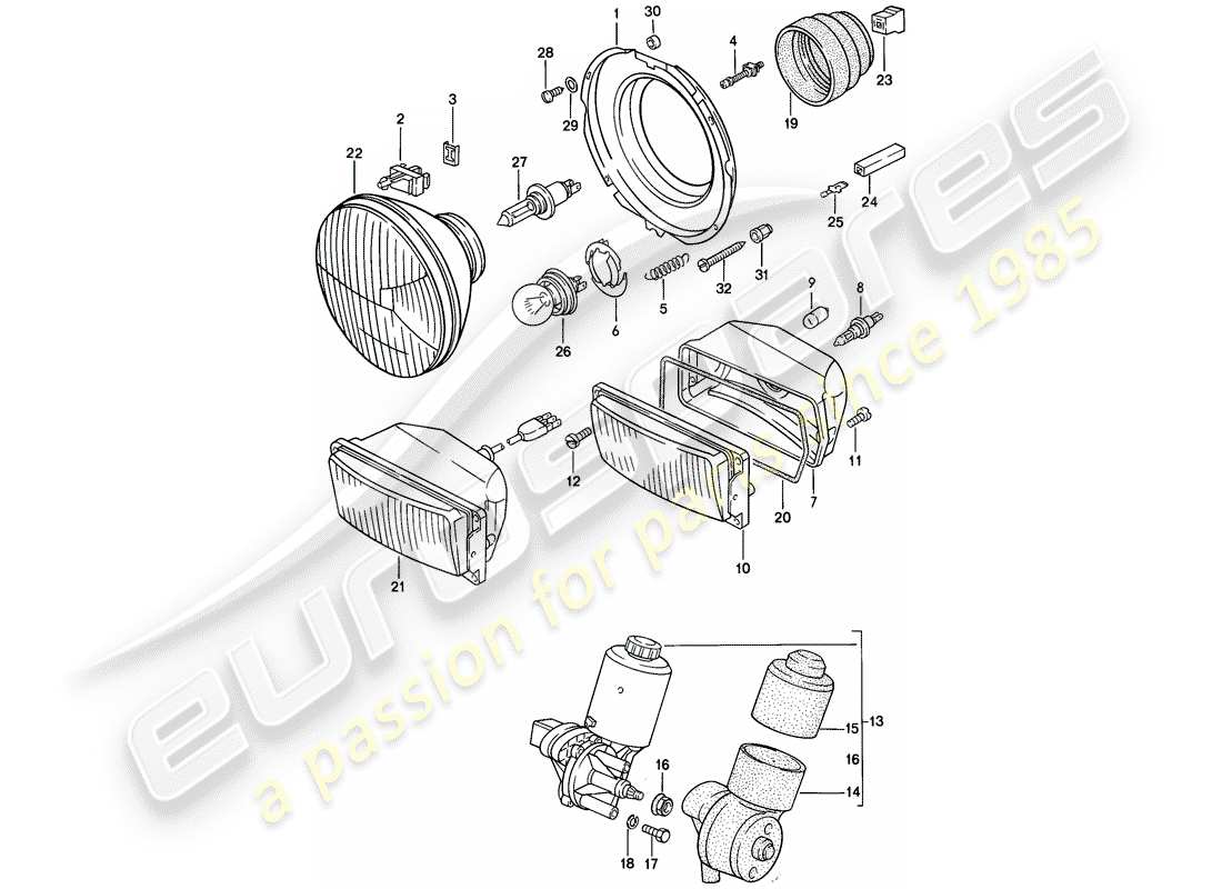 porsche 944 (1983) headlamp - electric motor - pop-up headlight part diagram