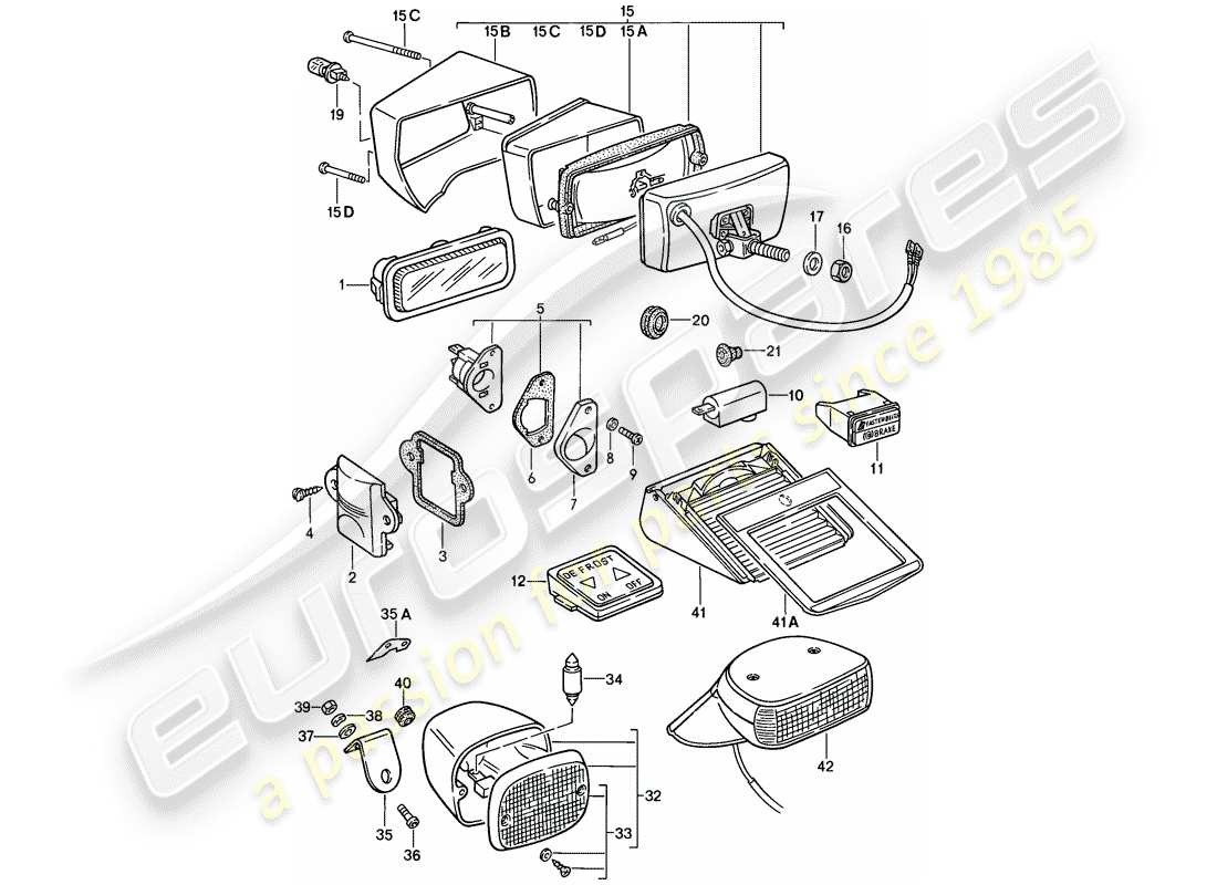 porsche 911 (1986) interior light - fog lights - lights part diagram