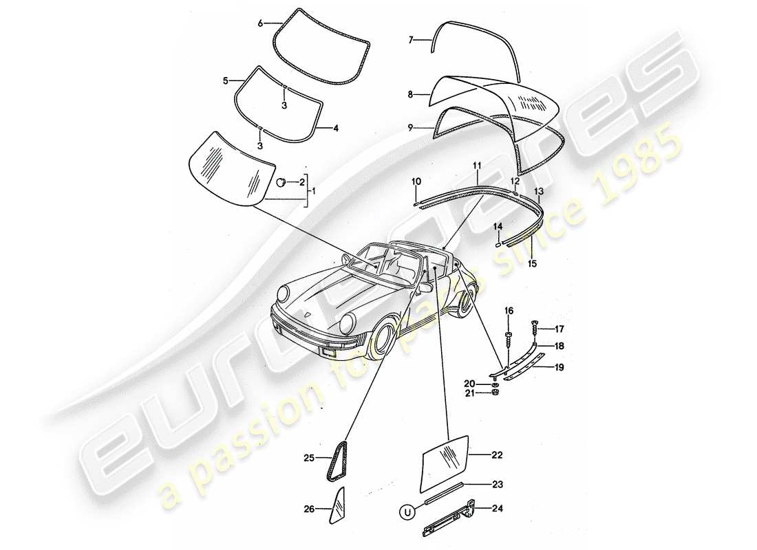 porsche 911 (1987) window glazing part diagram