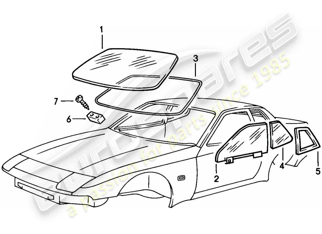 porsche 944 (1983) window glazing part diagram