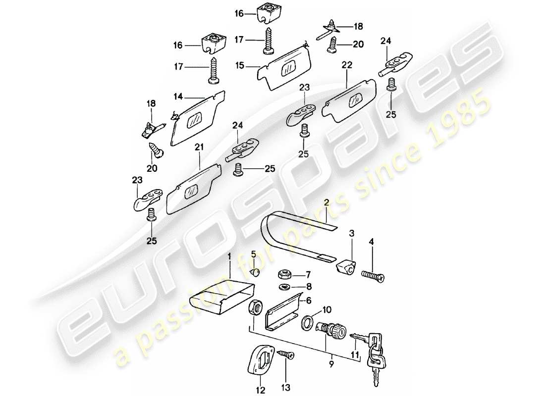 porsche 911 (1983) glove box - sun vizors part diagram