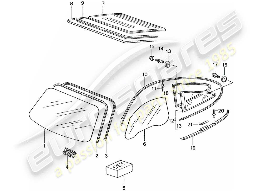 porsche 996 gt3 (2001) window glazing part diagram