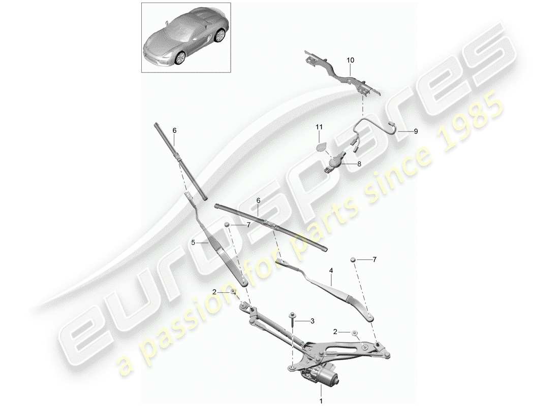 porsche boxster spyder (2016) windshield wiper system compl. part diagram