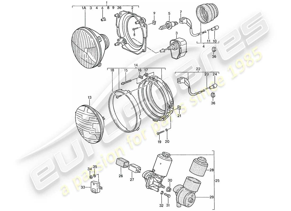 porsche 944 (1990) headlamp - electric motor - pop-up headlight part diagram