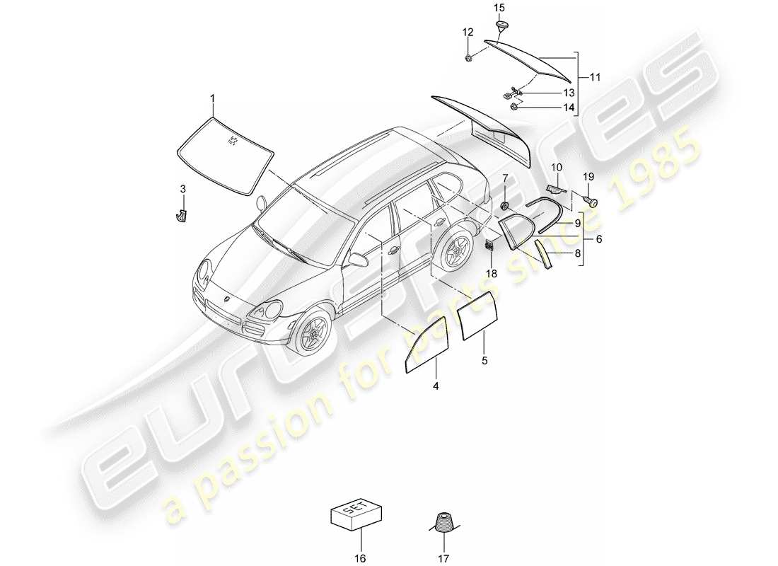 porsche cayenne (2005) windshield glass part diagram