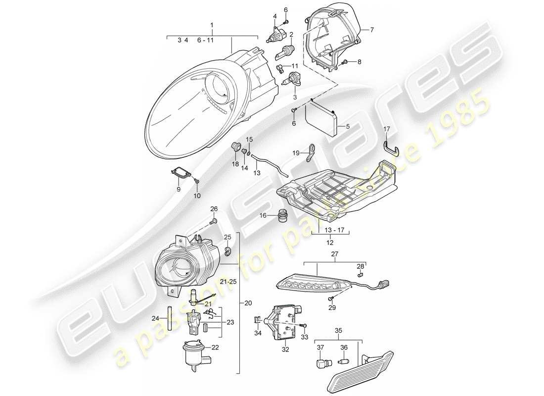 porsche 997 t/gt2 (2009) headlamp part diagram