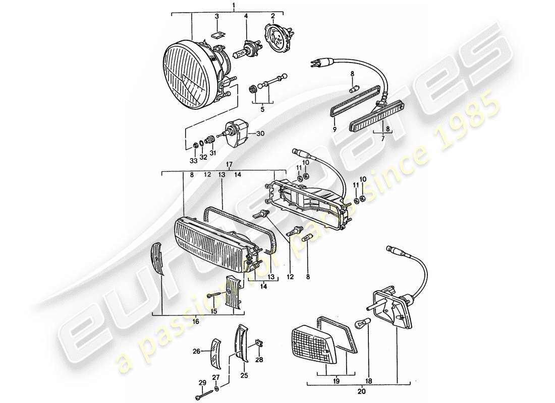 porsche 928 (1994) headlamp - turn signal part diagram