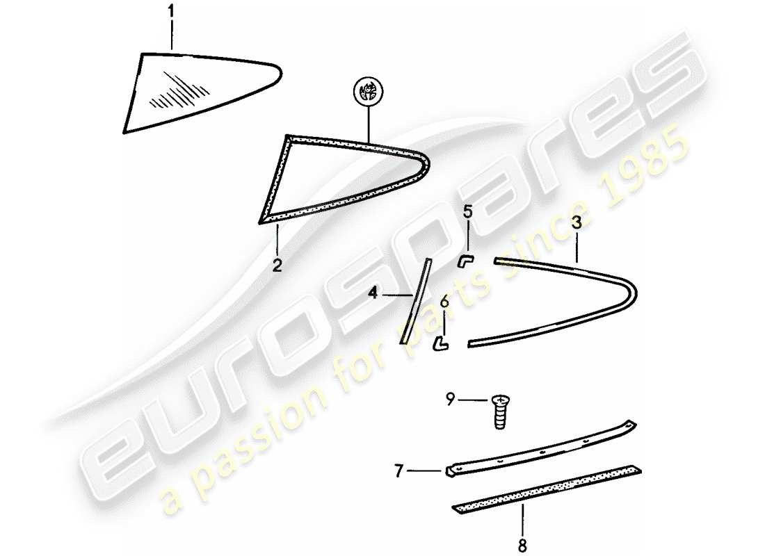 porsche 911 (1984) window glazing - side window part diagram