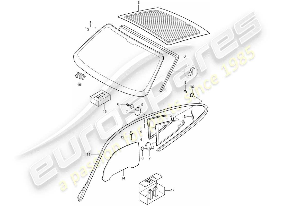 porsche 997 t/gt2 (2009) window glazing part diagram