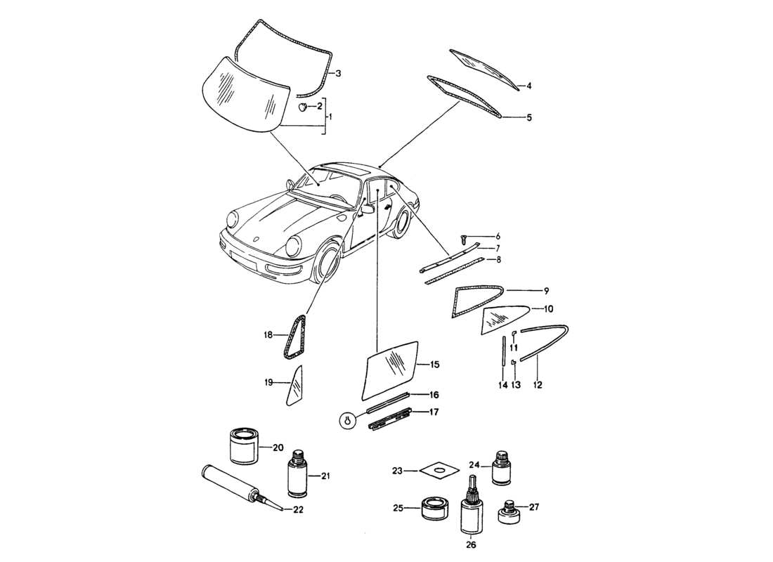 porsche 964 (1994) window glazing part diagram