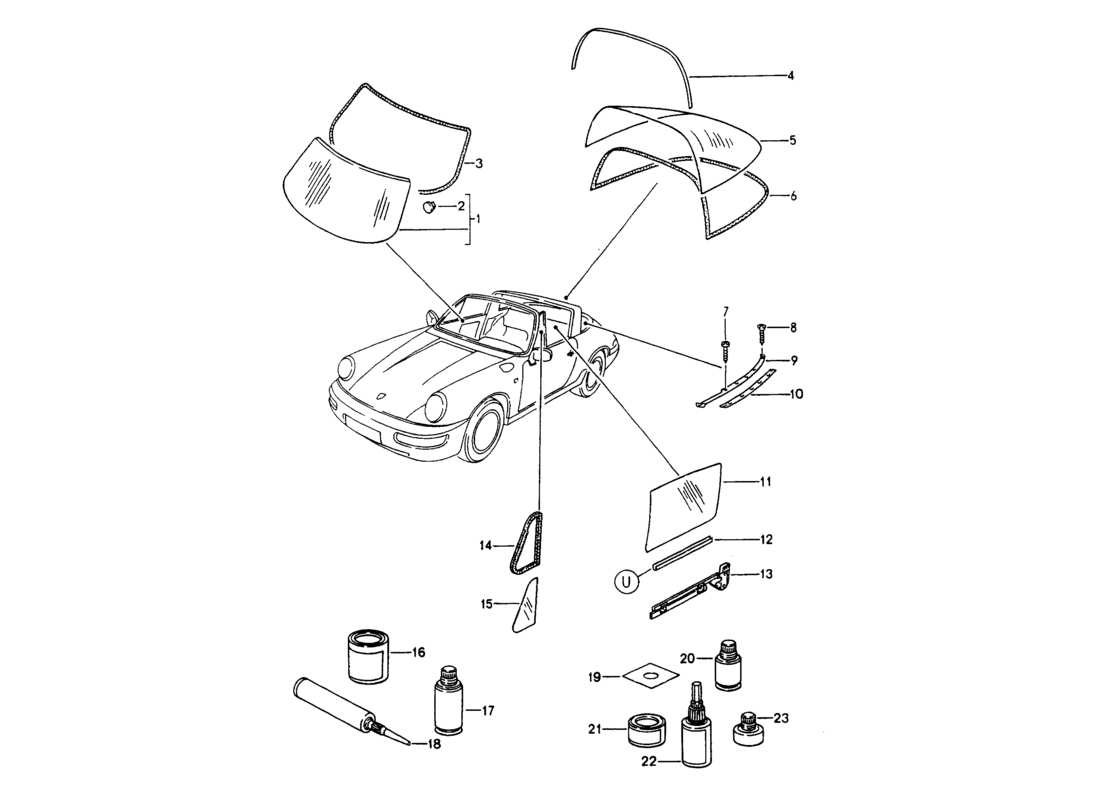 porsche 964 (1994) window glazing part diagram