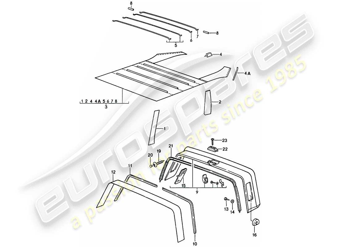 porsche 911 (1984) interior equipment - roof - roll bar part diagram