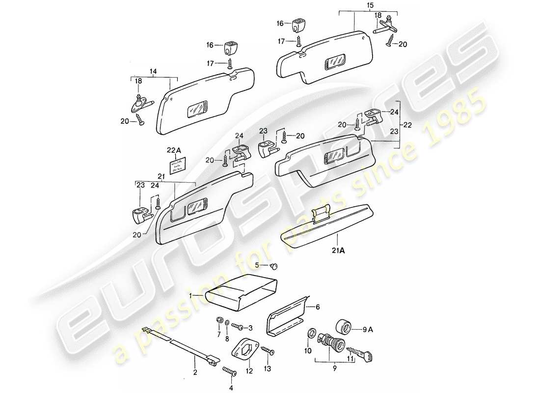 porsche 911 (1987) glove box - sun vizors part diagram