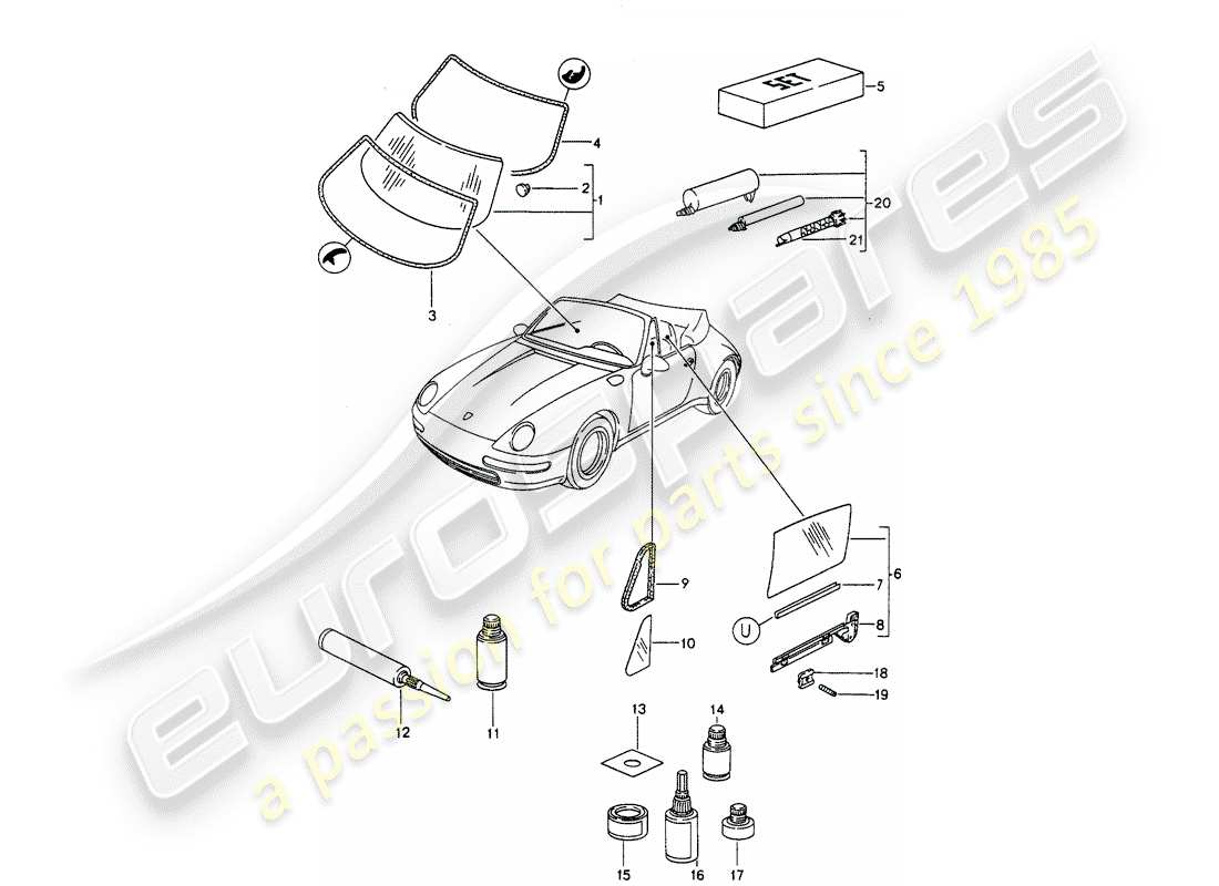 porsche 993 (1994) window glazing part diagram