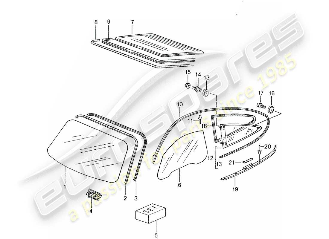 porsche 996 (1998) windshield glass - rear window glass - side window part diagram