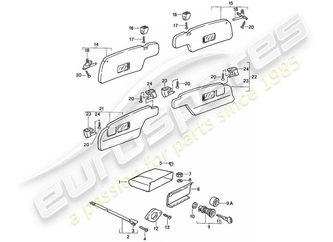 porsche 911 (1986) glove box - sun vizors part diagram