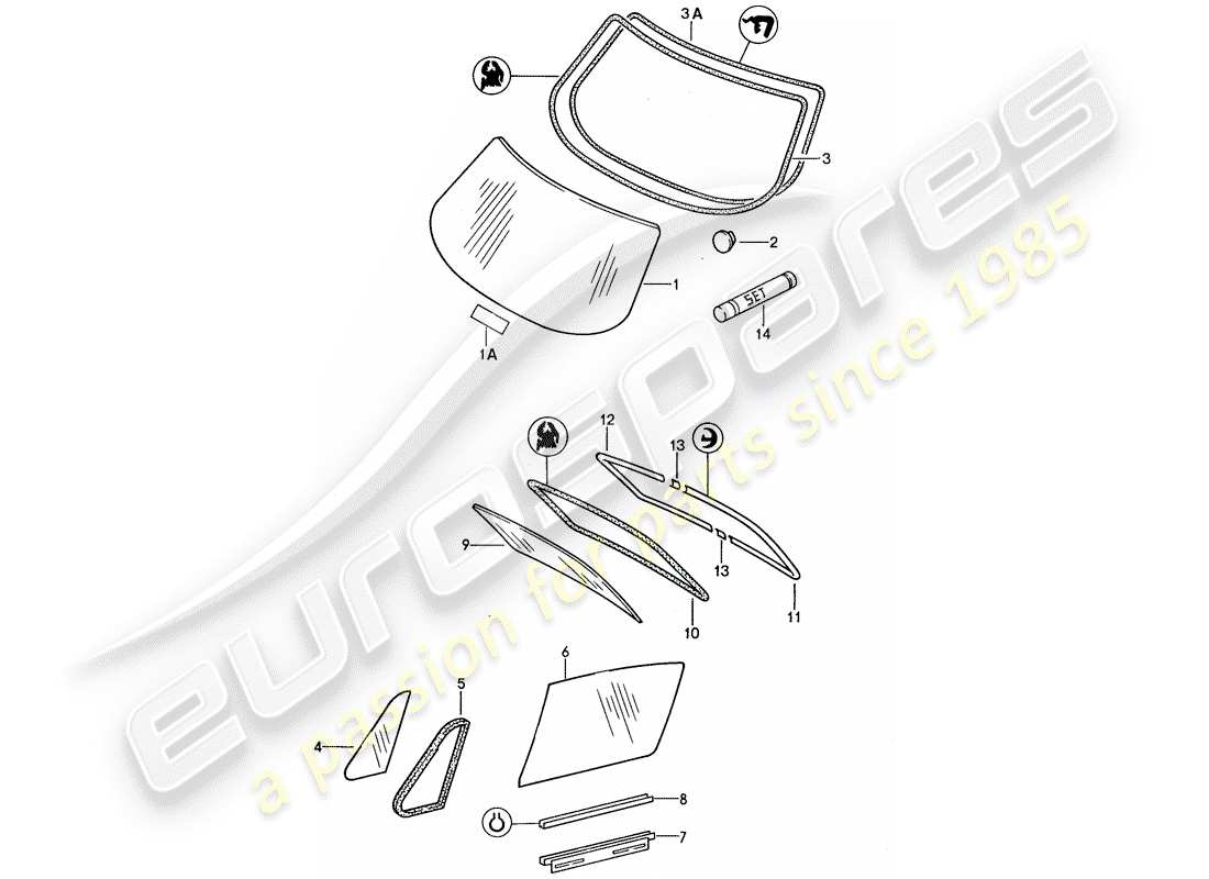 porsche 959 (1987) window glazing part diagram