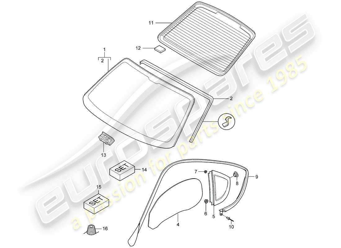 porsche cayman 987 (2006) window glazing part diagram