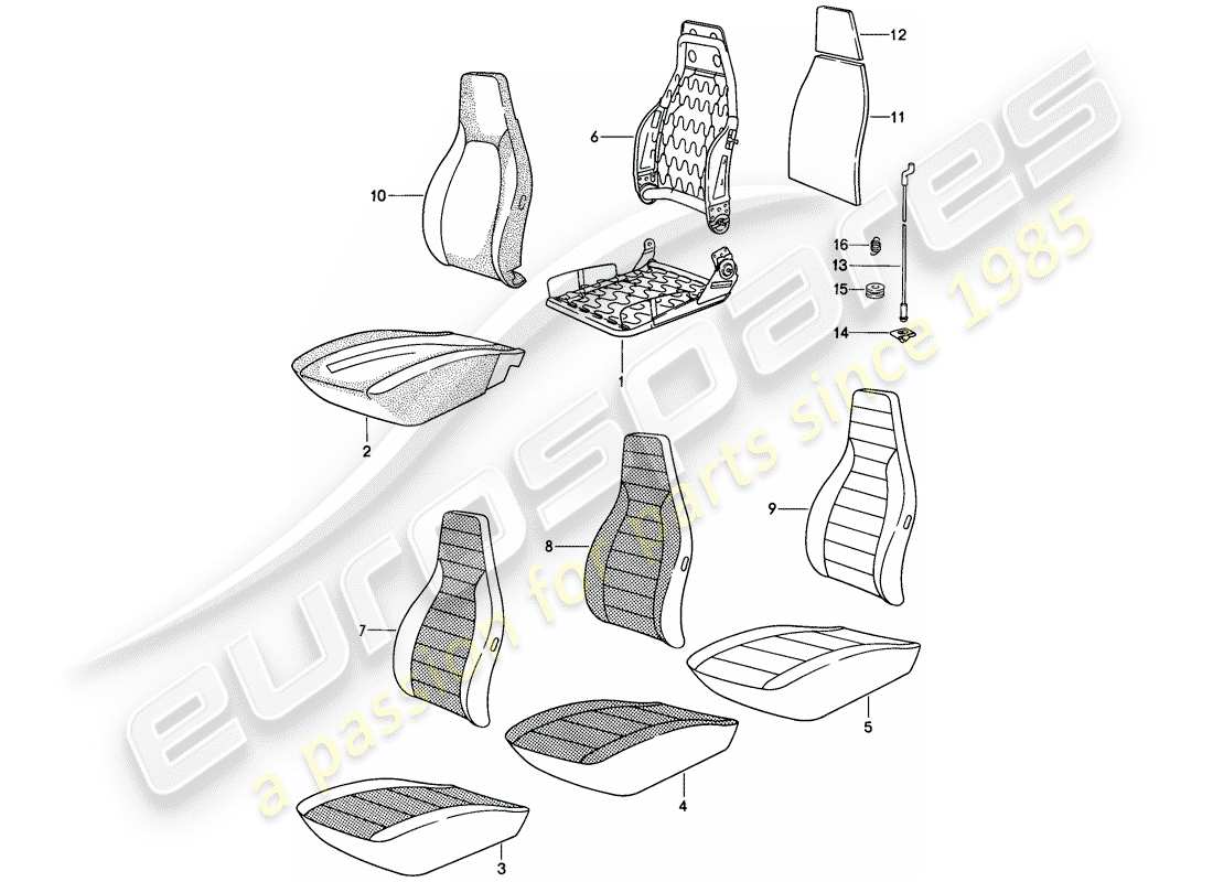 porsche 911 (1984) front seat - single parts - cloth - d >> - mj 1984 part diagram