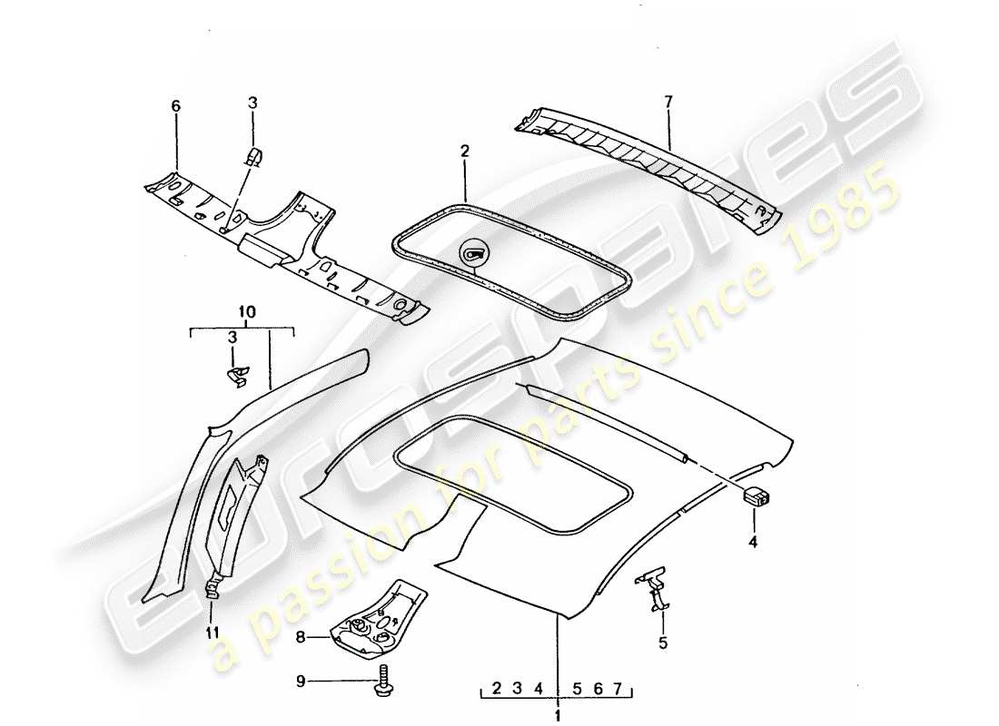 porsche 996 (2003) roof trim panel - a-pillar part diagram