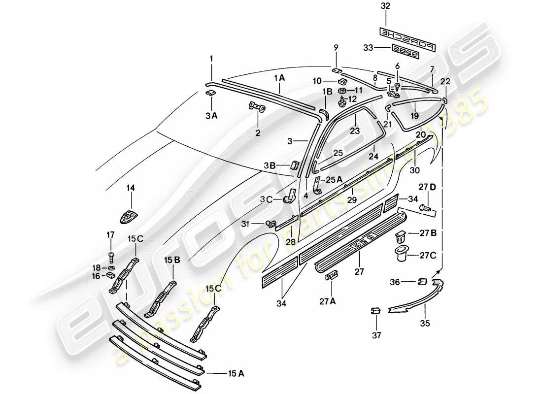 porsche 928 (1986) cover strip - decorative fittings - inscription part diagram