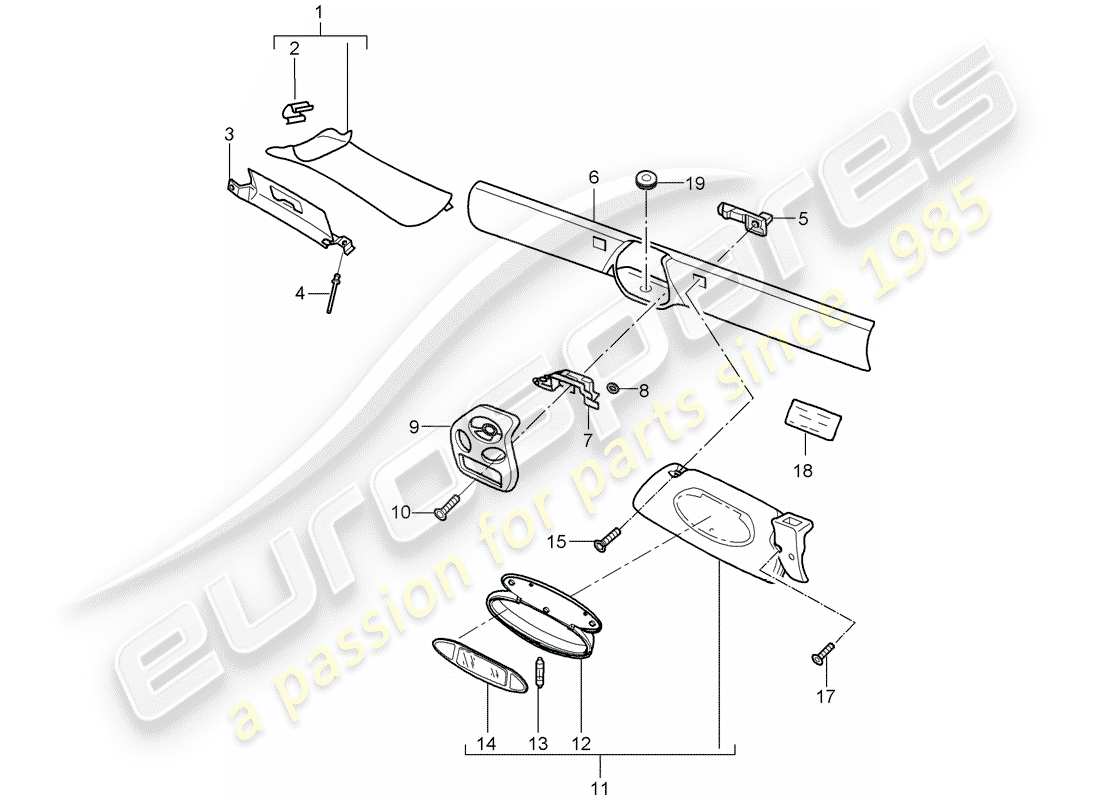 porsche boxster 986 (1999) windshield frame - sun vizors part diagram