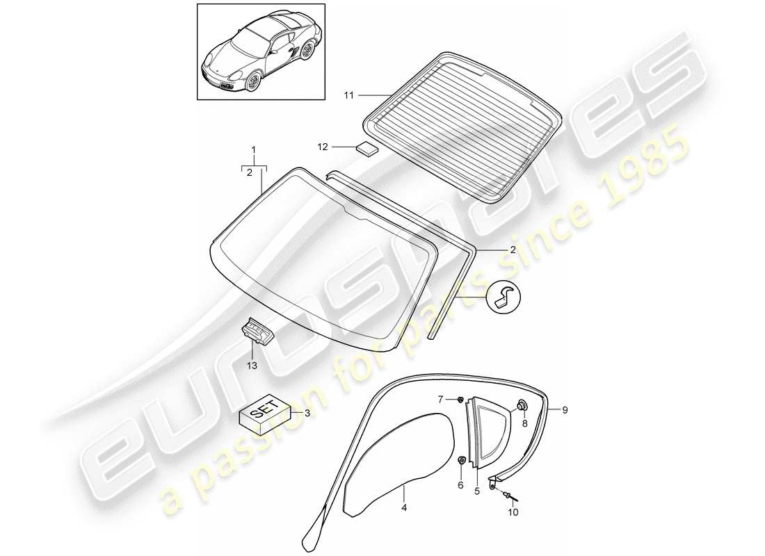 porsche cayman 987 (2011) window glazing part diagram